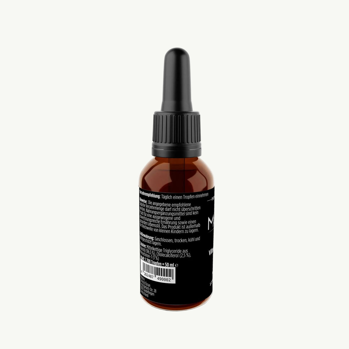 Molqira Vitamin D3 + K2 Tropfen 1.000 I.E. – 50 ml, Rückansicht mit Etikett und Barcode