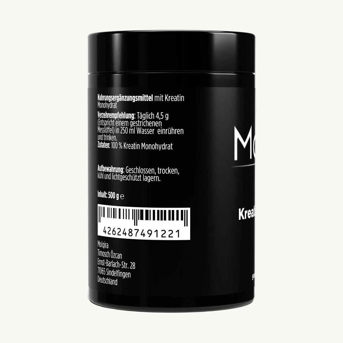 Molqira Kreatin Monohydrat geschmacksneutral 500 g – Dreiviertelansicht