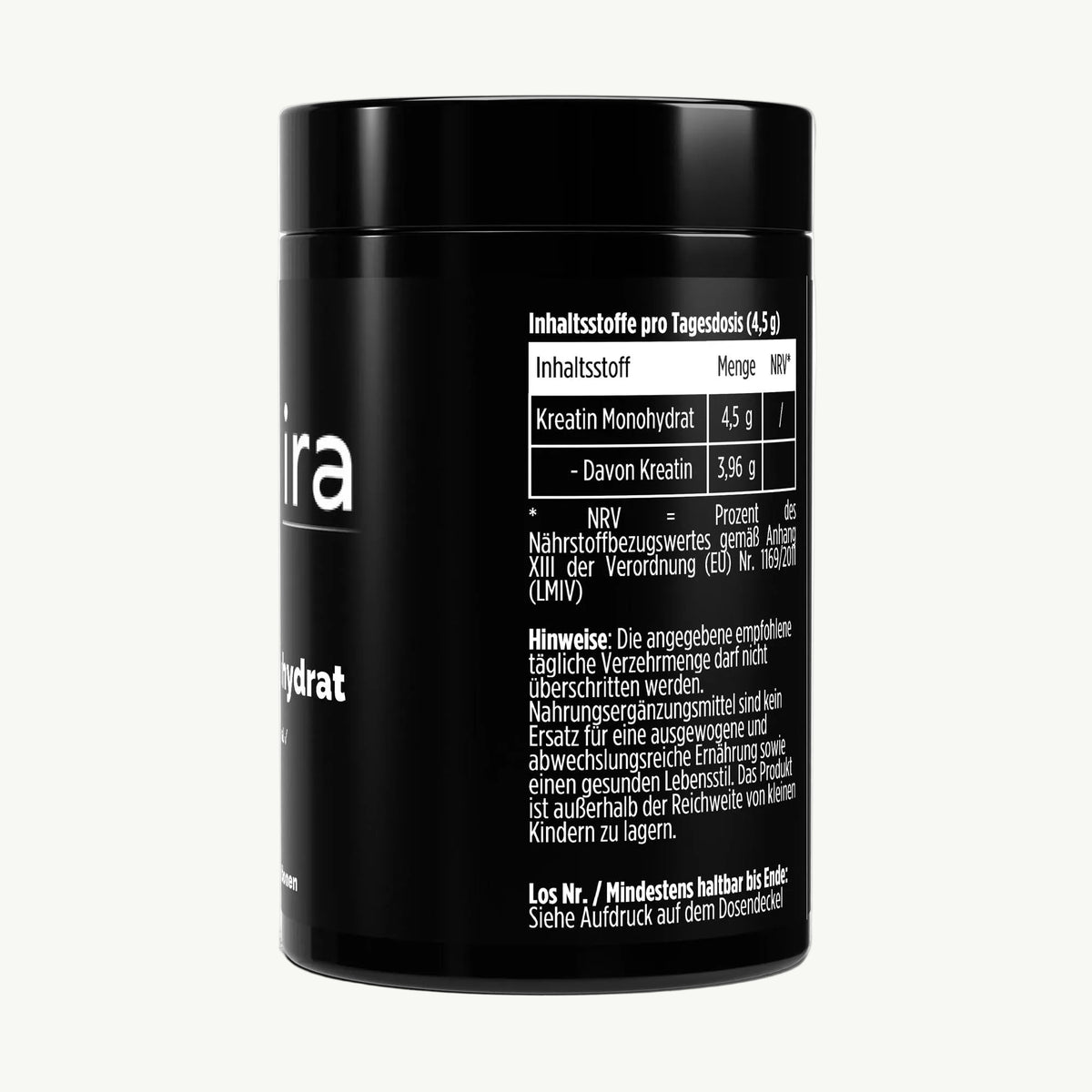Molqira Kreatin Monohydrat 500 g – Seitenansicht mit Produktinformationen