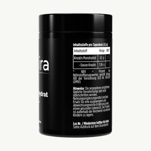 Molqira Kreatin Monohydrat 500 g – Seitenansicht mit Produktinformationen