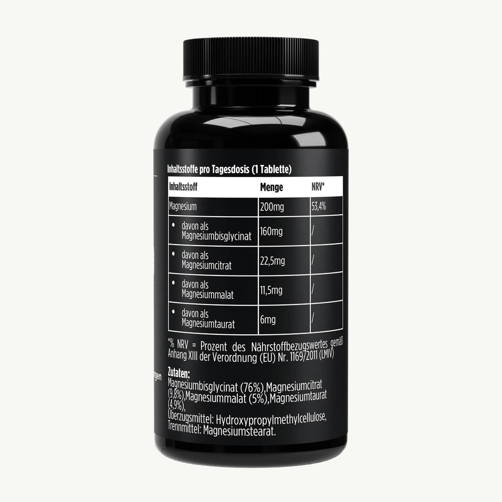 Molqira Magnesium 4-fach Komplex – 60 vegane Tabletten, Seitenansicht mit Nährstofftabelle und Zutaten