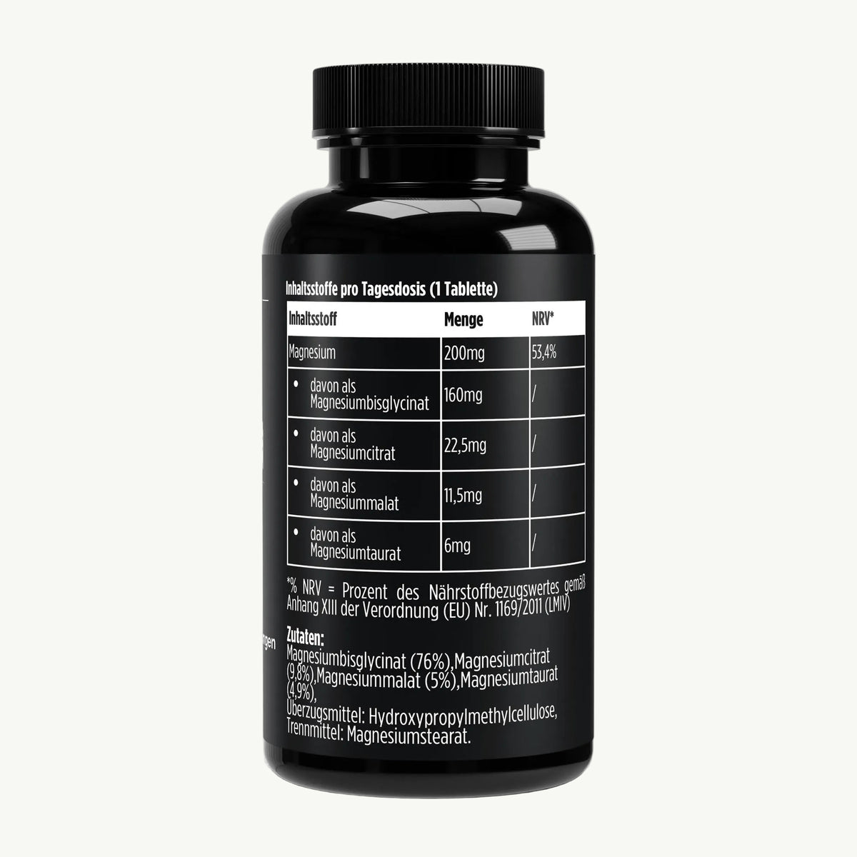 Molqira Magnesium 4-fach Komplex – 60 vegane Tabletten, Seitenansicht mit Nährstofftabelle und Zutaten