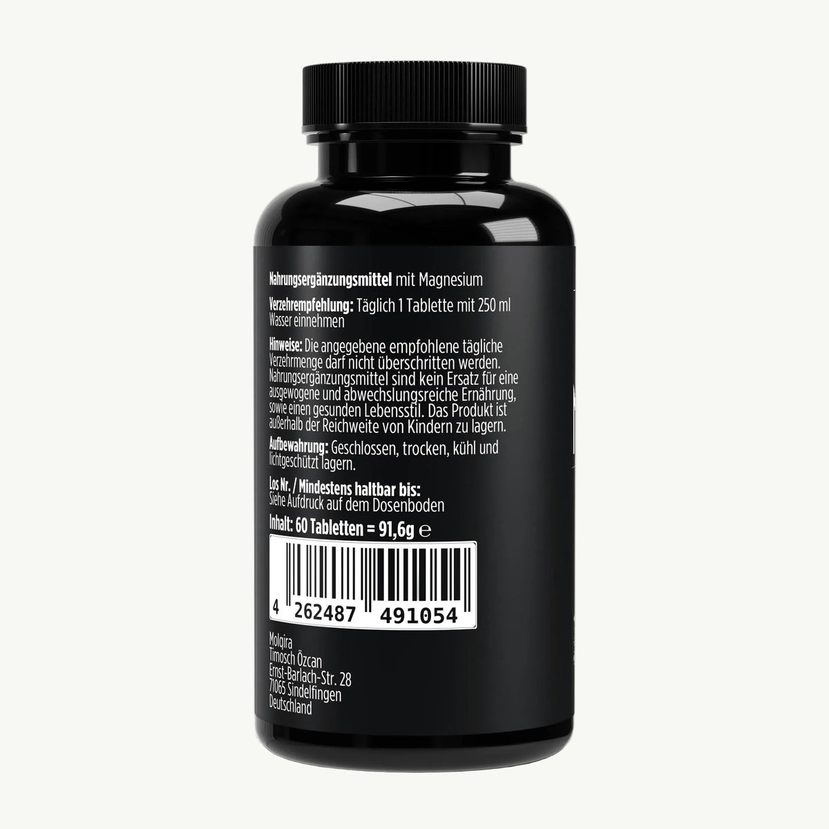 Molqira Magnesium 4-fach Komplex – 60 vegane Tabletten, Rückseite mit Etikett und Barcode