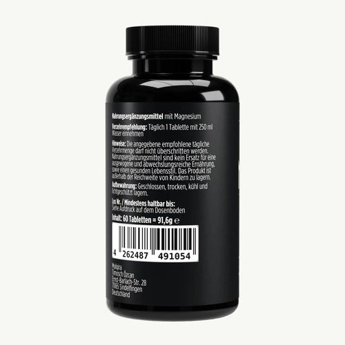 Molqira Magnesium 4-fach Komplex – 60 vegane Tabletten, Rückseite mit Etikett und Barcode