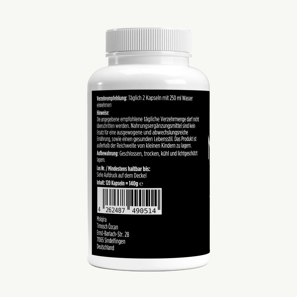 Molqira Omega-3-Kapseln – Rückansicht mit Etikett und Barcode