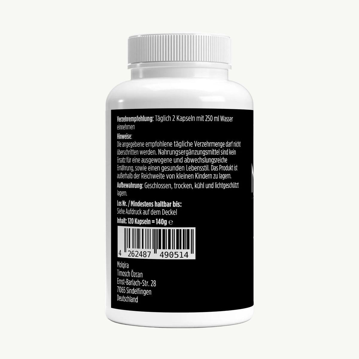 Molqira Omega-3-Kapseln – Rückansicht mit Etikett und Barcode