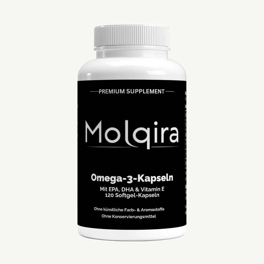Molqira Omega-3-Kapseln mit EPA, DHA und Vitamin E – Vorderansicht