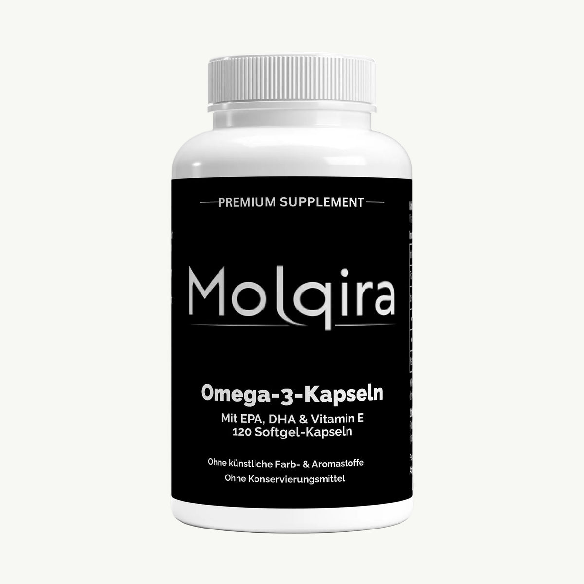 Molqira Omega-3-Kapseln mit EPA, DHA und Vitamin E – Vorderansicht
