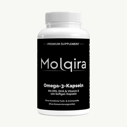 Molqira Omega-3-Kapseln mit EPA, DHA und Vitamin E – Vorderansicht
